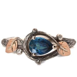Black and Rose Gold Twig and Leaves Pear Cut Teal Sapphire Engagament Ring Catalogue