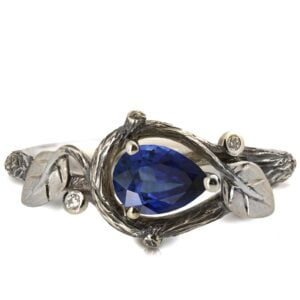 Black and White Gold Twig and Leaves Pear Cut Blue Sapphire Engagament Ring Catalogue