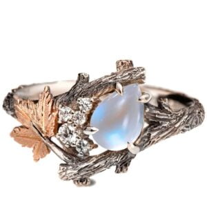 Rose Gold Twig and Maple Leaf Pear-Cut Moonstone and Diamonds Cluster Engagement Ring Catalogue