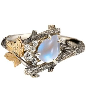 Gold Twig and Maple Leaf Pear-Cut Moonstone and Diamonds Cluster Engagement Ring Catalogue