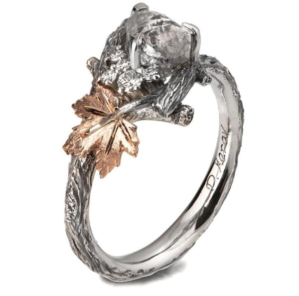 Platinum and Rose Gold Twig and Maple Leaf Raw Diamond Cluster Engagement Ring Catalogue