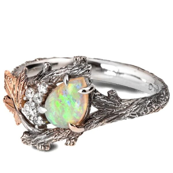 Platinum and Rose Gold Twig and Maple Leaf Pear-Cut Opal and Diamonds Cluster Engagement Ring Catalogue