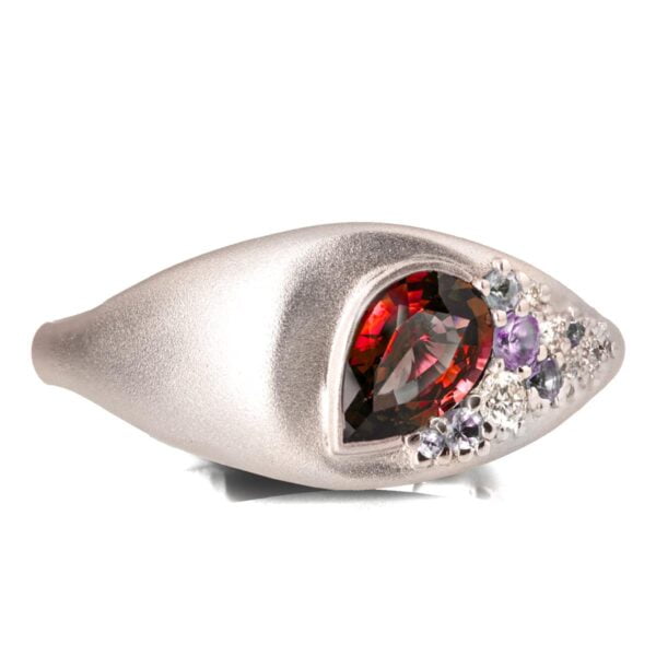 Signet Engagement Ring Platinum and Pear Cut Ruby and Diamonds Cluster Catalogue