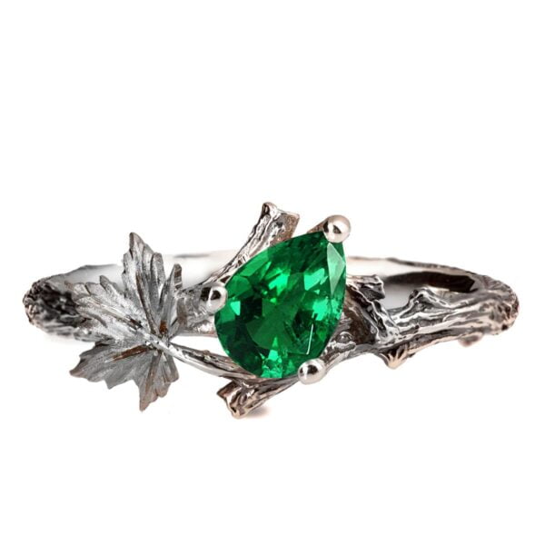 Twig and Maple Leaf Engagement Ring White Gold and Emerald Catalogue