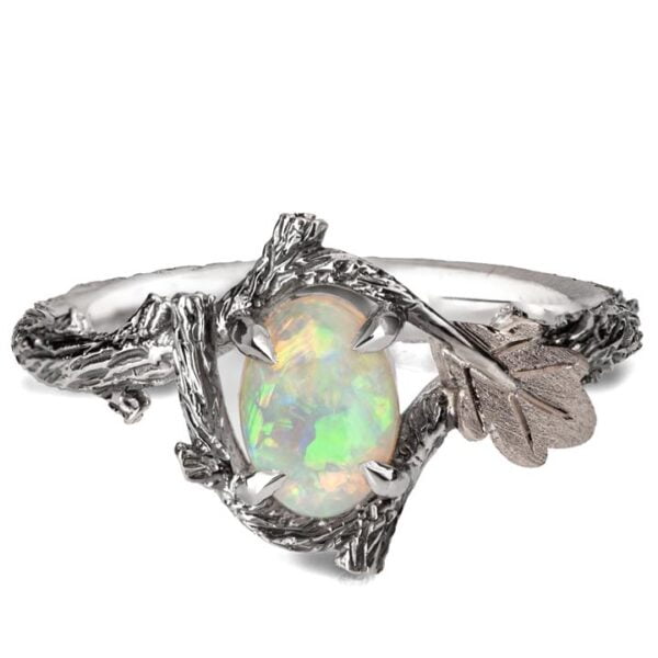 Twig and Oak Leaf Opal Ring White Gold Catalogue