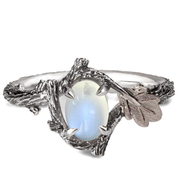 Twig and Oak Leaf Moonstone Ring White Gold Catalogue