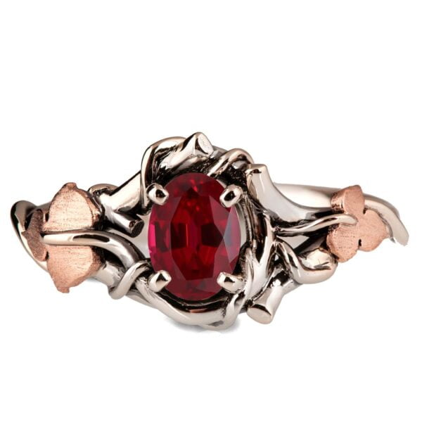 Black and Rose Gold Vines and Leaves Ruby Engagament Ring Catalogue