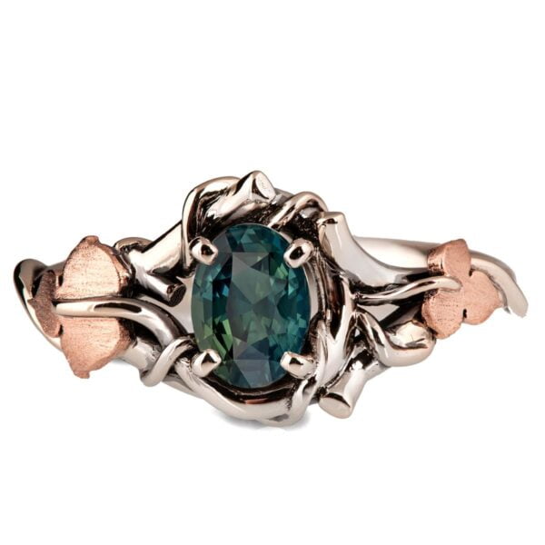 Black and Rose Gold Vines and Leaves Teal Sapphire Engagament Ring Catalogue
