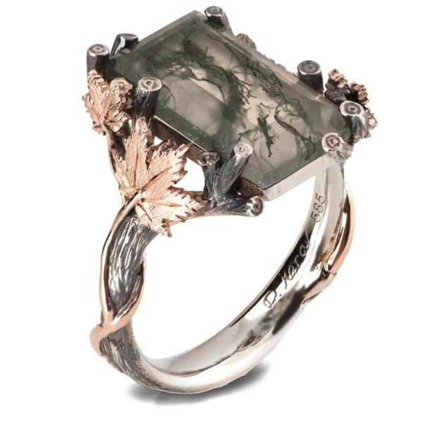 Twig and Maple Leaf Engagement Ring Rose Gold and Green Moss Agate Catalogue