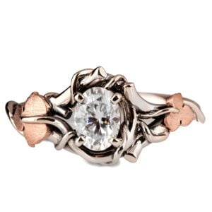 Rose & White Gold Vines and Leaves Oval Moissanite Engagament Ring Catalogue