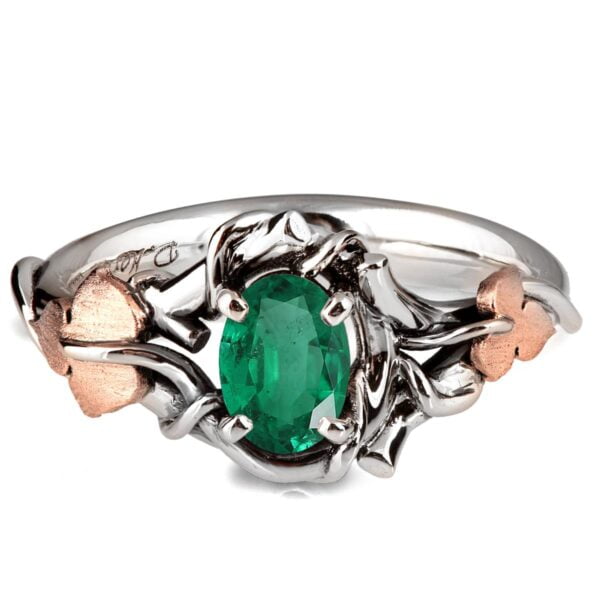 Platinum and Rose Gold Vines and Leaves Emerald  Engagament Ring Catalogue