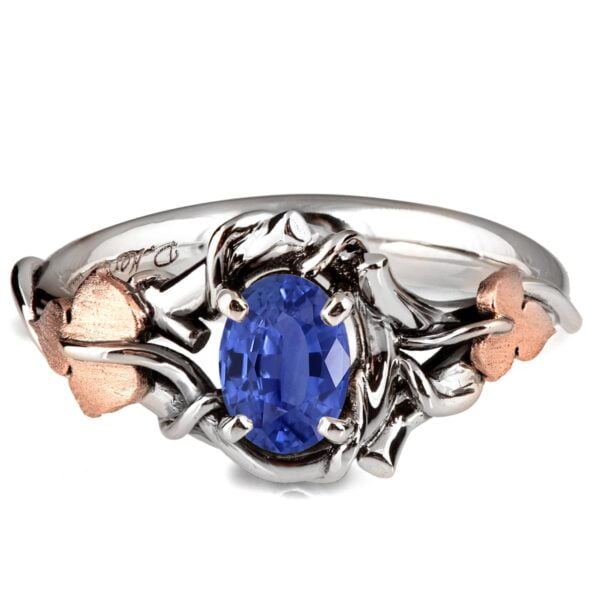 Platinum and Rose Gold Vines and Leaves Blue Sapphire Engagament Ring Catalogue