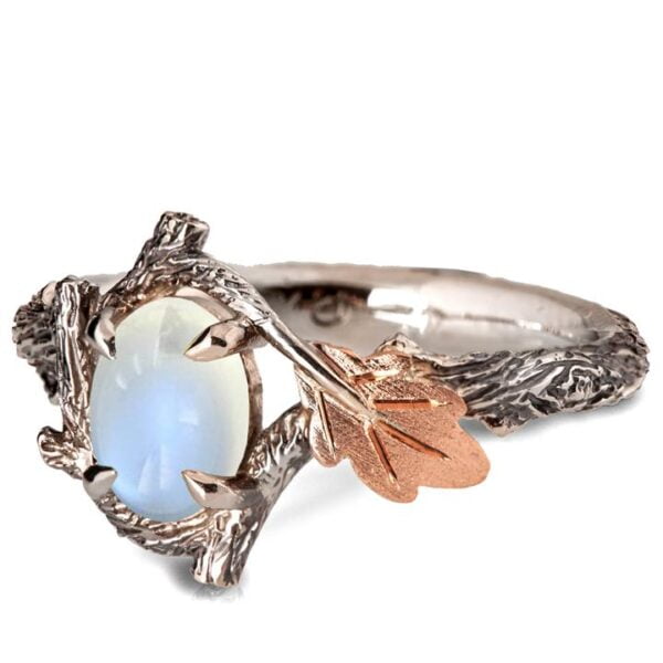 Twig and Oak Leaf Moonstone Ring Platinum and Rose Gold Catalogue
