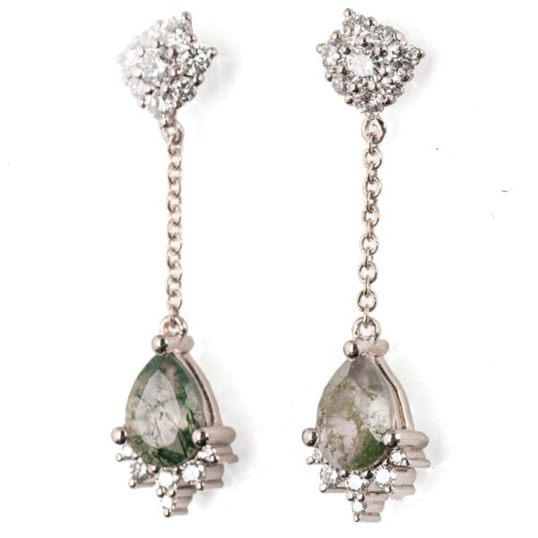 White Gold Moss Agate and Diamond Cluster Drop Earrings Catalogue