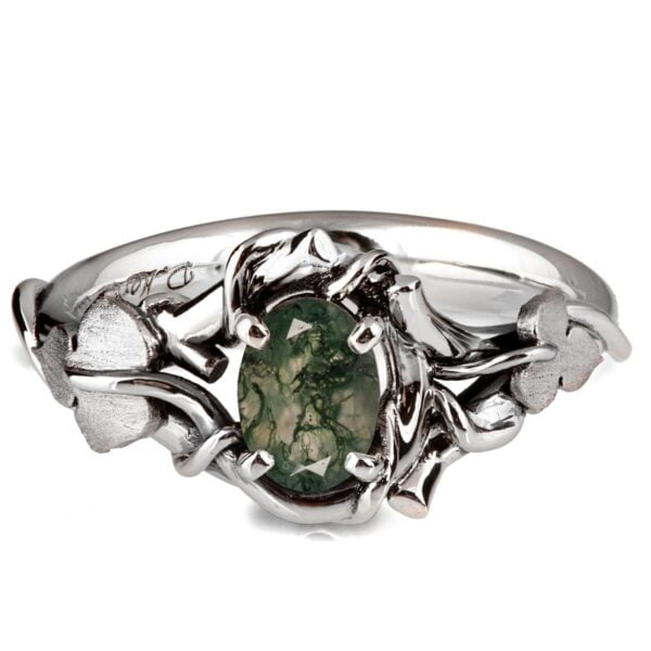 Black Vines and Leaves Oval Moss Agate Engagement Ring White Gold Catalogue