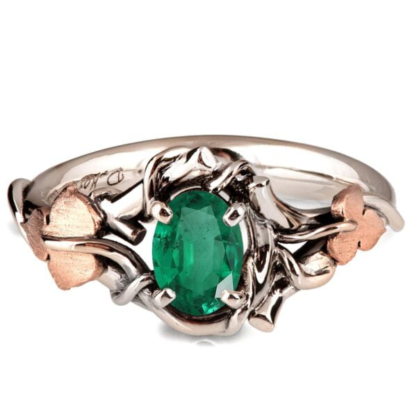 Black and Rose Gold Vines and Leaves Emerald  Engagament Ring Catalogue