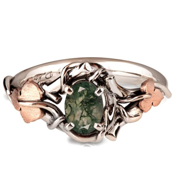 Black Vines and Leaves Oval Moss Agate Engagement Ring White and Rose Gold Catalogue