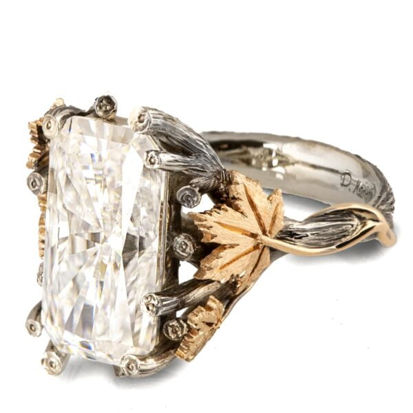 Large Radiant Cut Twig and Maple Leaf Engagement Ring White and Gold Catalogue