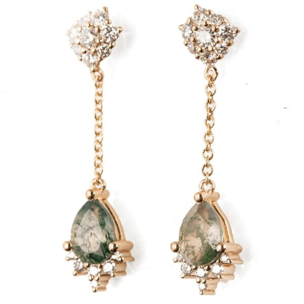Yellow Gold Moss Agate and Diamond Cluster Drop Earrings Catalogue