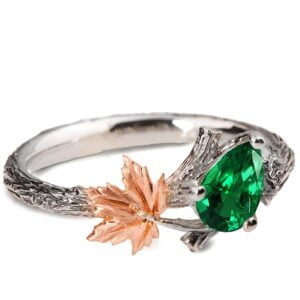 Platinum and Rose Gold Twig and Maple Leaf Engagement Ring Set With Emerald Catalogue