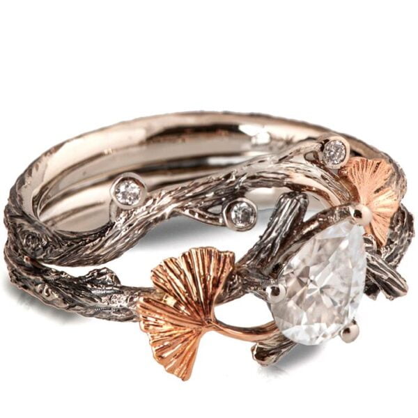 Twig and Ginkgo Leaf Bridal Set Rose Gold and Moissanite Catalogue