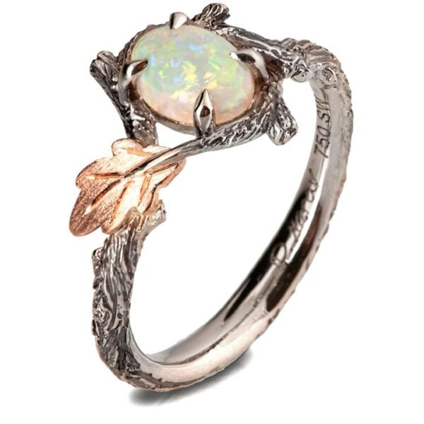 Twig and Oak Leaf Opal Ring Platinum and Rose Gold Catalogue