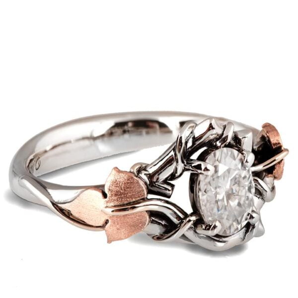 Platinum and Rose Gold Vines and Leaves Oval Diamond Engagament Ring Catalogue