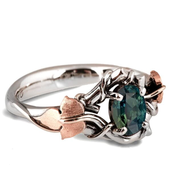 Platinum and Rose Gold Vines and Leaves Teal Sapphire Engagament Ring Catalogue