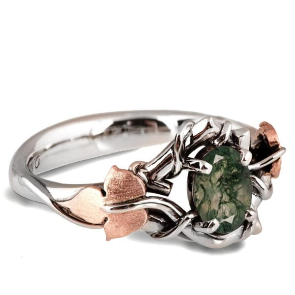 Black Vines and Leaves Oval Moss Agate Engagement Ring Platinum and Rose Gold Catalogue