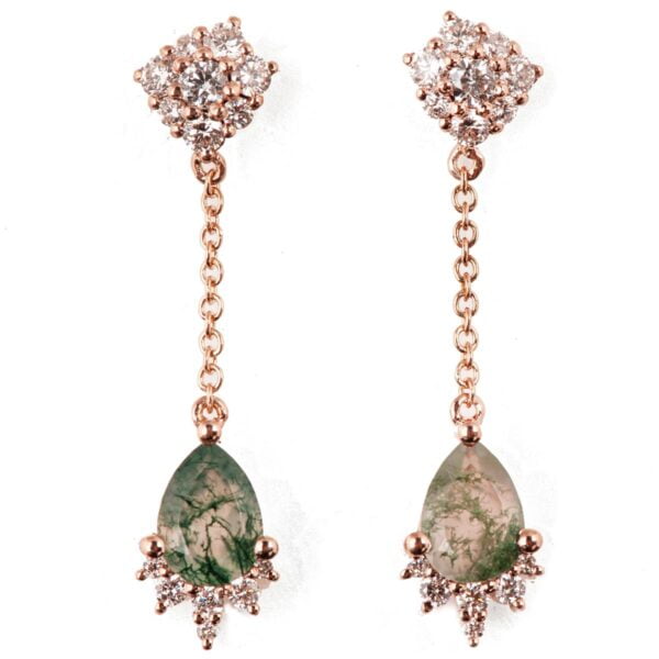 Rose Gold Moss Agate and Diamond Cluster Drop Earrings Catalogue