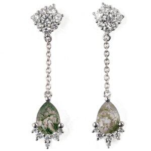 White Gold Moss Agate and Diamond Cluster Drop Earrings Catalogue
