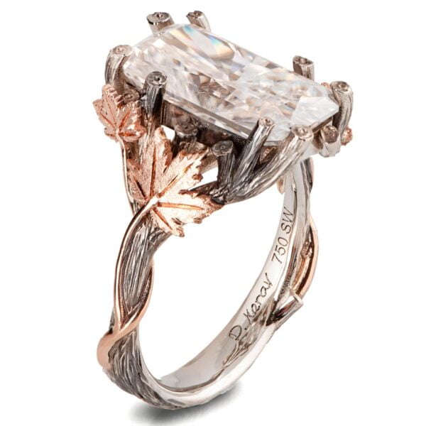 Large Radiant Cut Twig and Maple Leaf Engagement Ring White and Rose Gold Catalogue