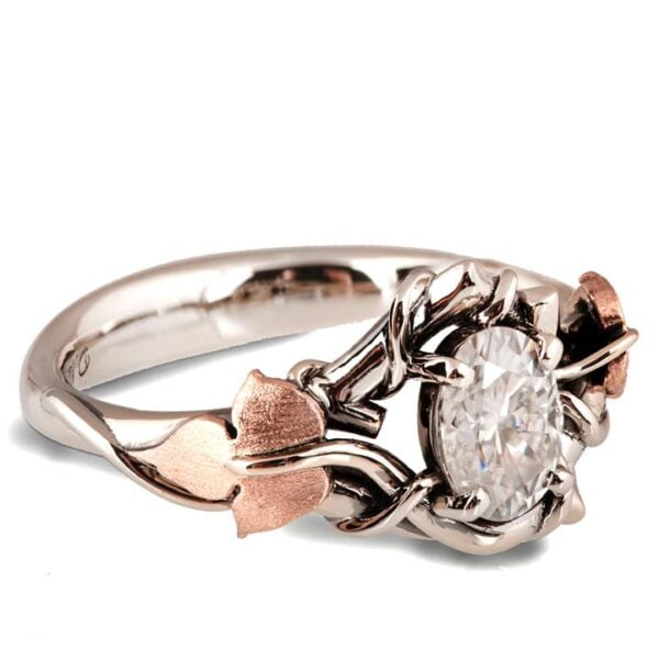 Rose & White Gold Vines and Leaves Oval Diamond Engagament Ring Catalogue