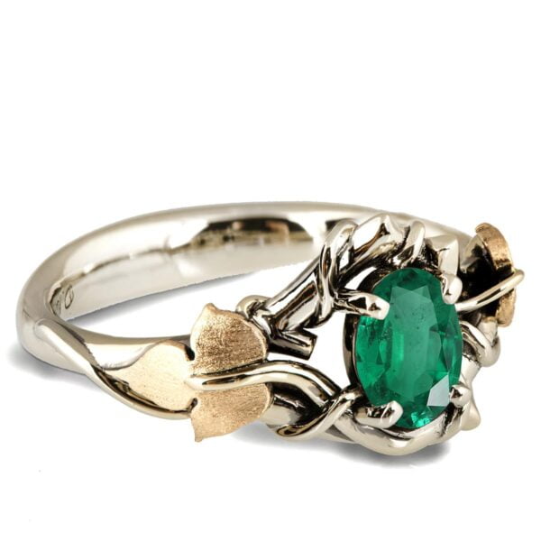 Black and Yellow Gold Vines and Leaves Emerald  Engagament Ring Catalogue