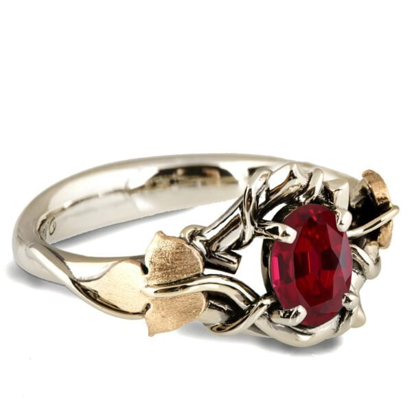 Black and Yellow Gold Vines and Leaves Ruby Engagament Ring Catalogue