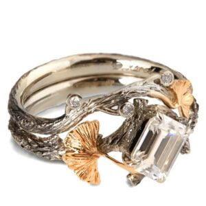 Twig and Ginkgo Leaf Bridal Set Yellow Gold and Moissanite Catalogue