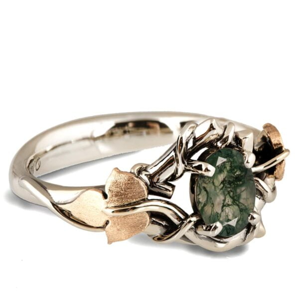 Black Vines and Leaves Oval Moss Agate Engagement Ring White and Yellow Gold Catalogue