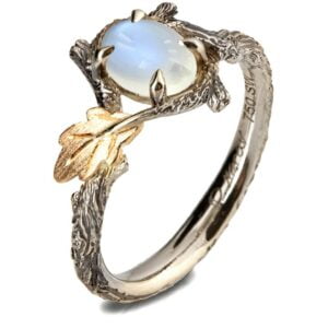 Twig and Oak Leaf Moonstone Ring Yellow Gold Catalogue