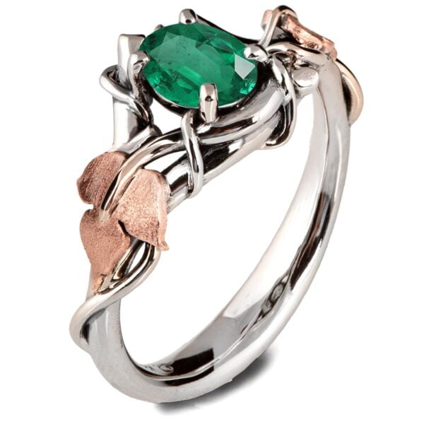 Platinum and Rose Gold Vines and Leaves Emerald  Engagament Ring Catalogue
