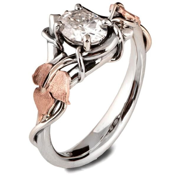 Platinum and Rose Gold Vines and Leaves Oval Diamond Engagament Ring Catalogue