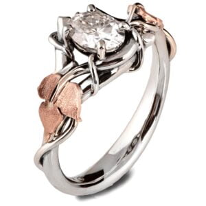 Platinum & Rose Gold Vines and Leaves Oval Moissanite Engagament Ring Catalogue