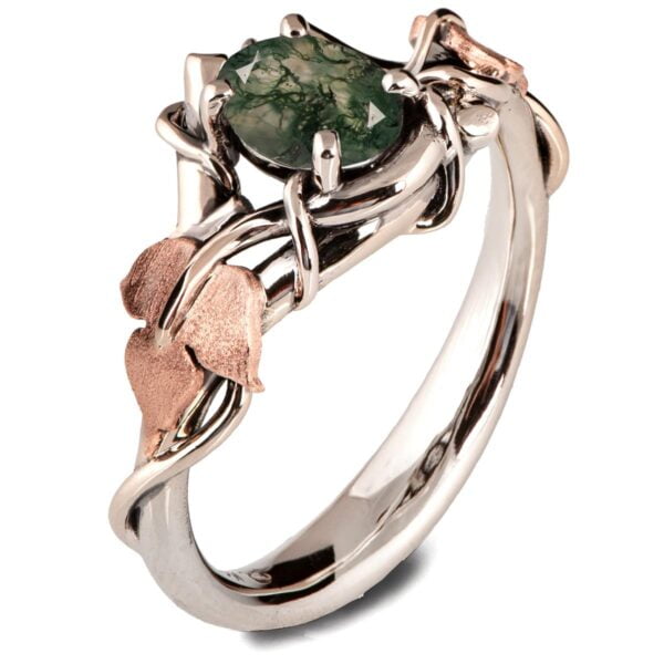 Black Vines and Leaves Oval Moss Agate Engagement Ring White and Rose Gold Catalogue