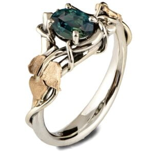 Black and Yellow Gold Vines and Leaves Teal Sapphire Engagament Ring Catalogue