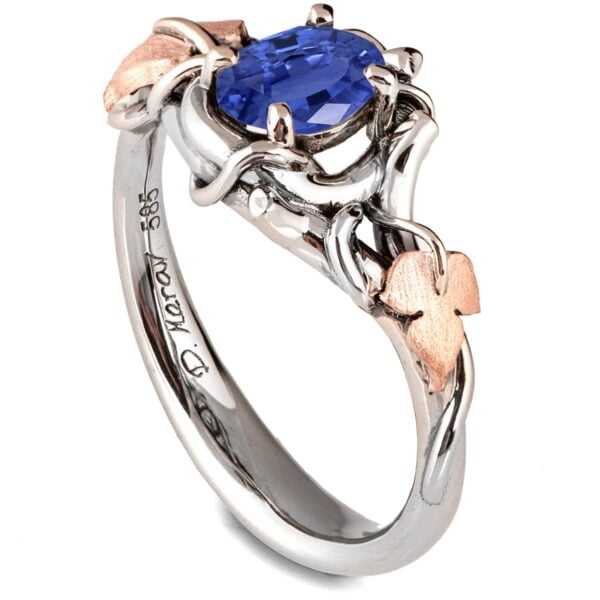 Platinum and Rose Gold Vines and Leaves Blue Sapphire Engagament Ring Catalogue