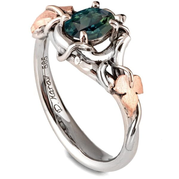 Platinum and Rose Gold Vines and Leaves Teal Sapphire Engagament Ring Catalogue