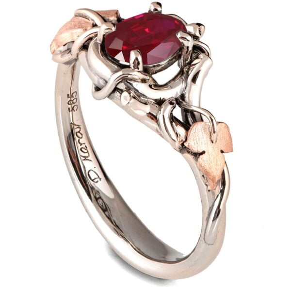 Black and Rose Gold Vines and Leaves Ruby Engagament Ring Catalogue