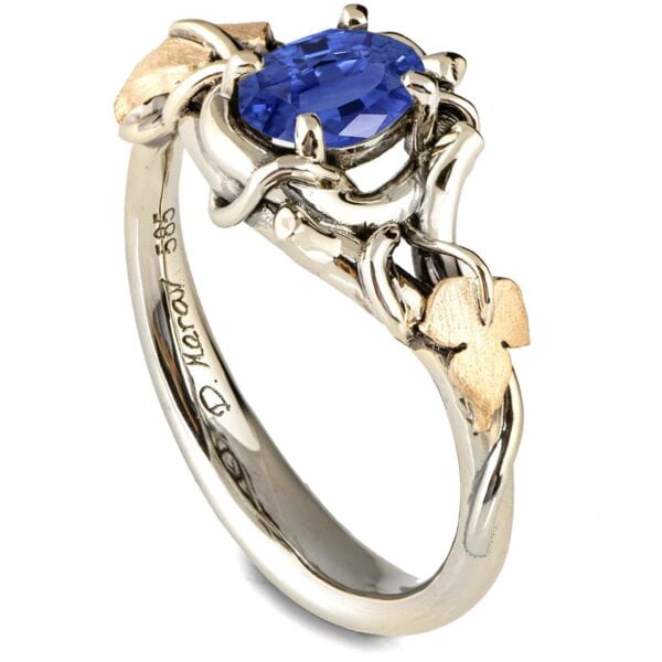 Black and Yellow Gold Vines and Leaves Blue Sapphire Engagament Ring Catalogue