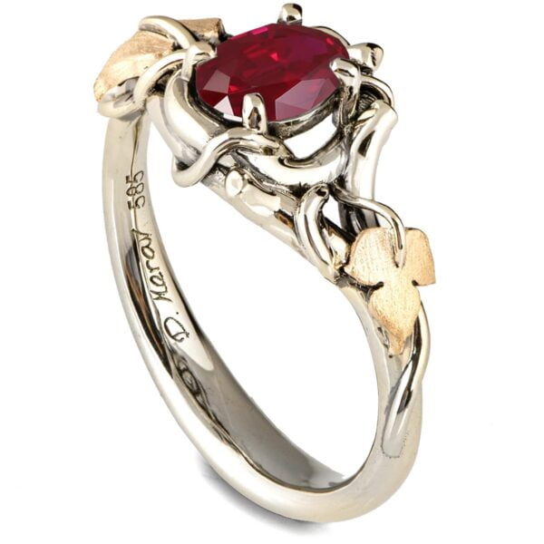 Black and Yellow Gold Vines and Leaves Ruby Engagament Ring Catalogue