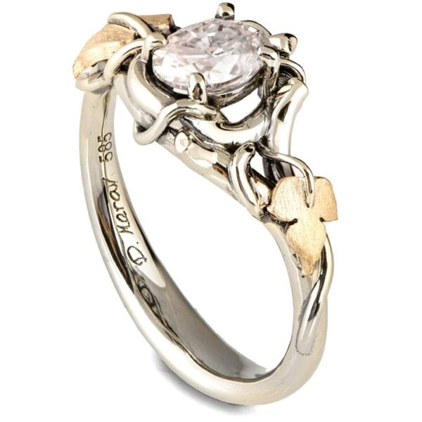 Yellow & White Gold Vines and Leaves Oval Diamond Engagament Ring Catalogue