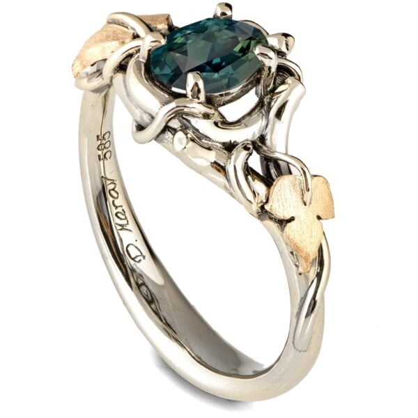 Black and Yellow Gold Vines and Leaves Teal Sapphire Engagament Ring Catalogue